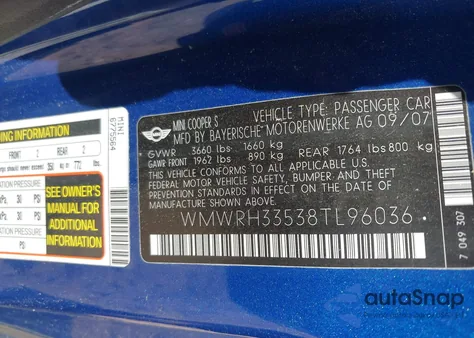 2008 Mini Cooper S z USA, uszkodzony, nr VIN WMWRH33538TL96036